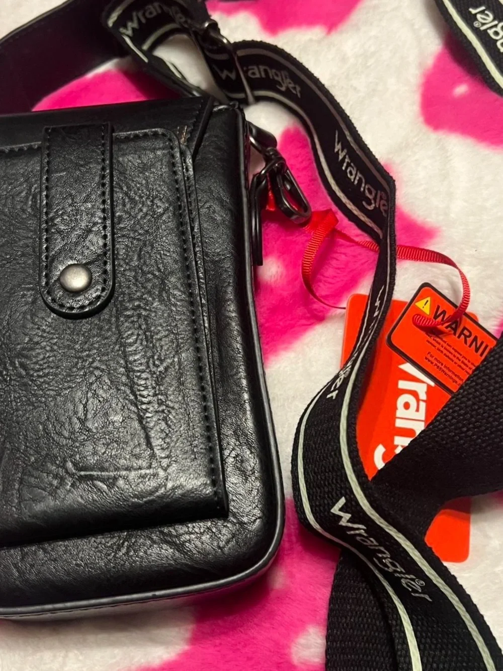 Wrangler Black Leatherette Crossbody Phone Pouch with Logo Patch